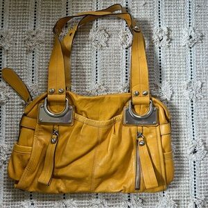 B. Makowsky Yellow Leather Shoulder Bag with Silver Accents